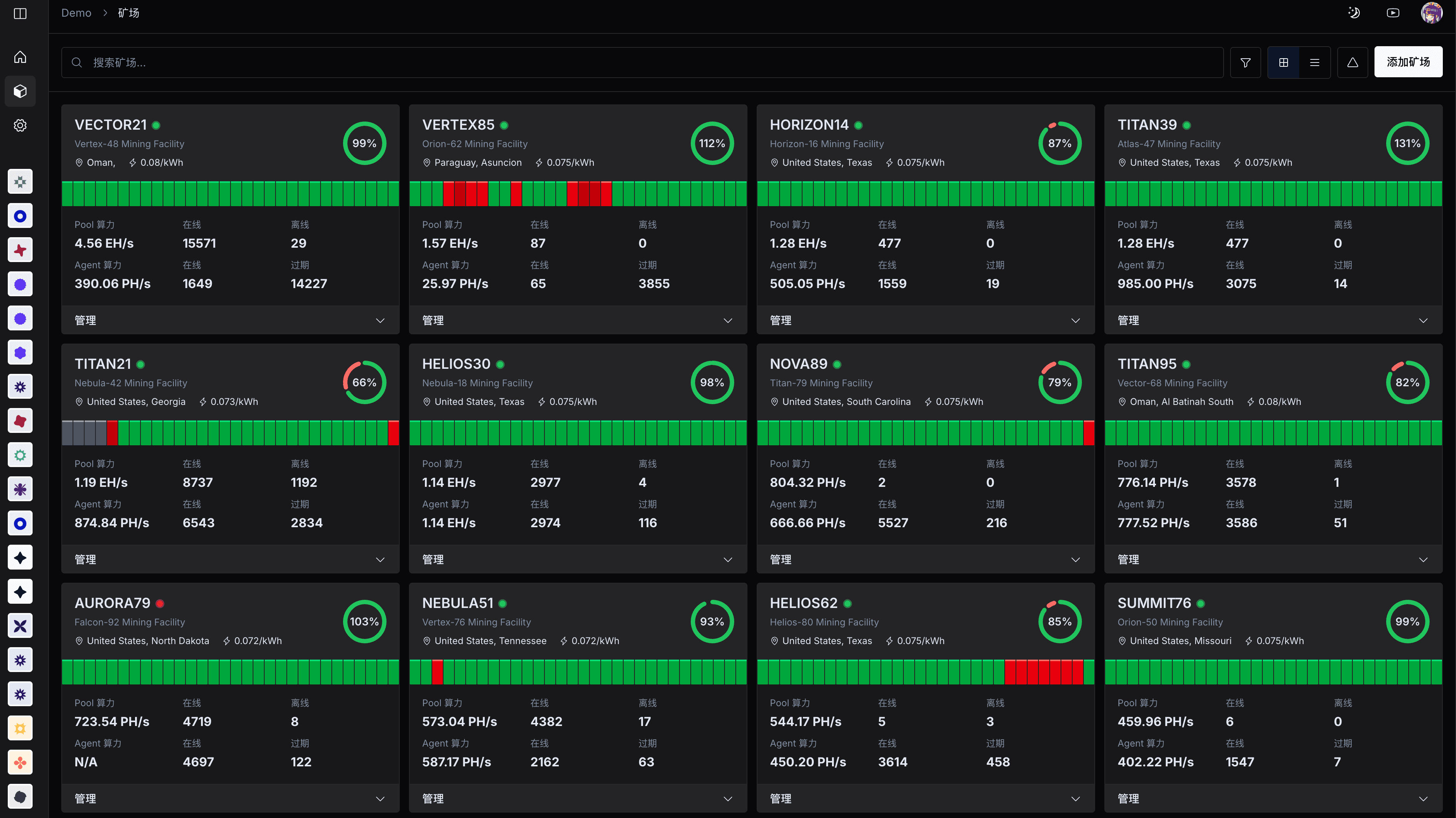 Nonce dashboard — mining farm monitoring overview